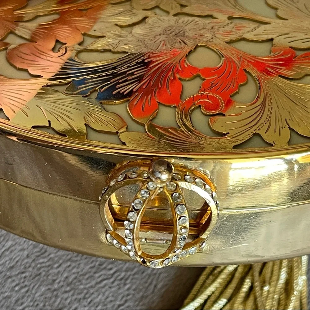 Vintage Italian Gold Metal Embossed Oval Evening Clutch with Tassel Wristlet